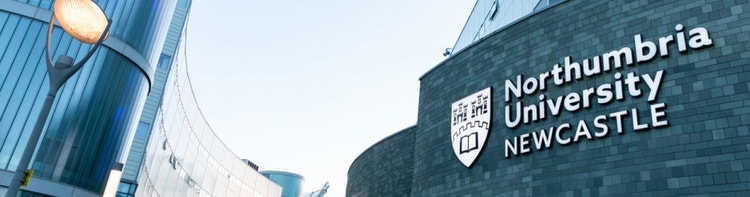 Image shows the exterior of Northumbria University located in Newcastle, featuring its modern branding