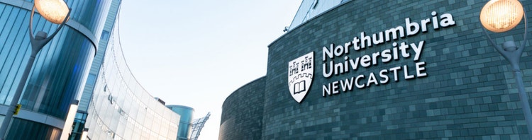 Exterior branding of Northumbria University located in Newcastle