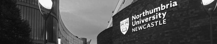 image shows the exterior of Northumbria University located in Newcastle, featuring its modern branding.